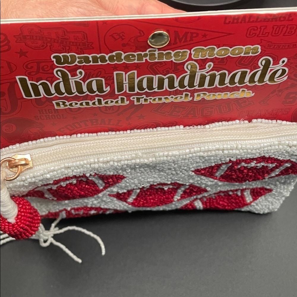 Wandering Moon Red Football Beaded Travel Pouch Coin Purse Handmade in India - Picture 4 of 5